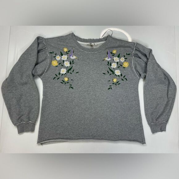 Seven7 Floral Bird Embroidered Sweatshirt Women Small Gray - Picture 1 of 7